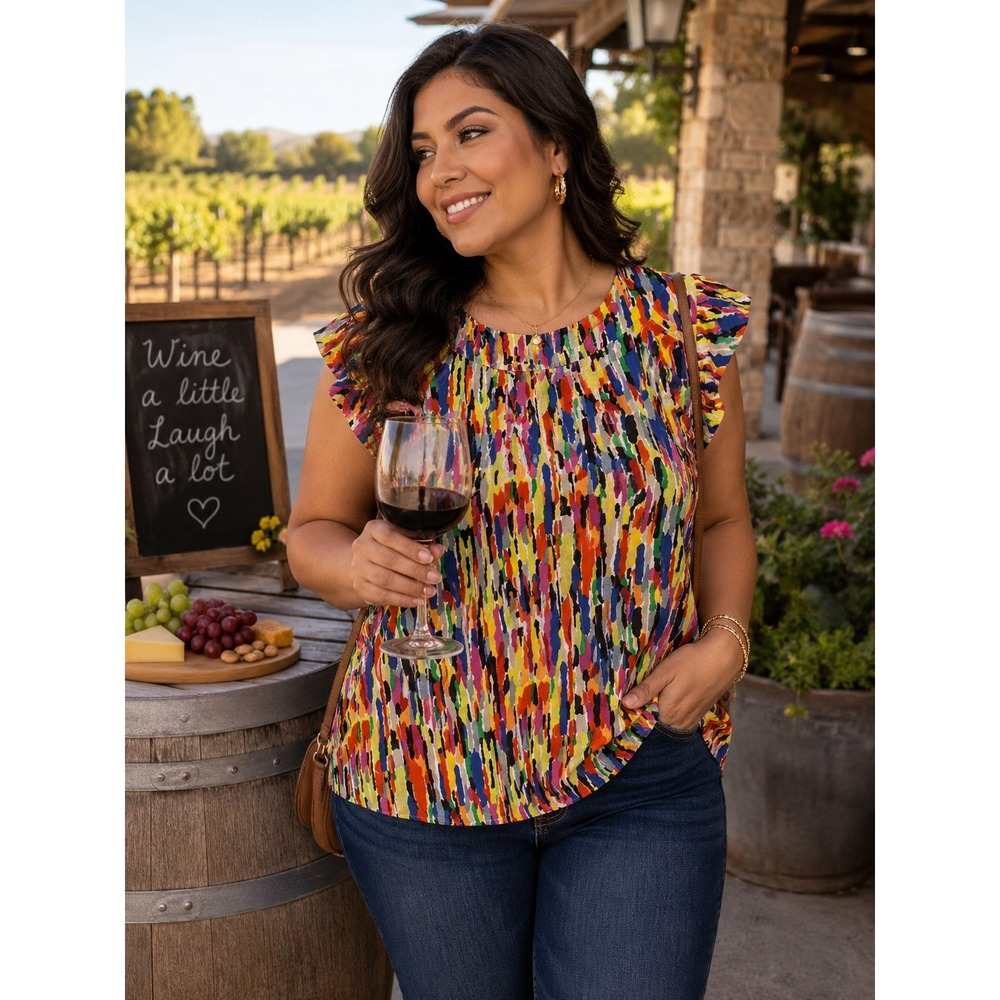 Womens Multi Color Abstract Brushstroke Cotton Knit Top